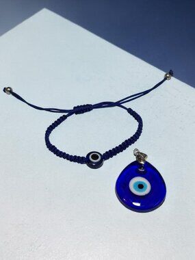 Evil Eye Bracelet & Pendant Set Adjustable Navy Cord Bracelet With Glass Charm A